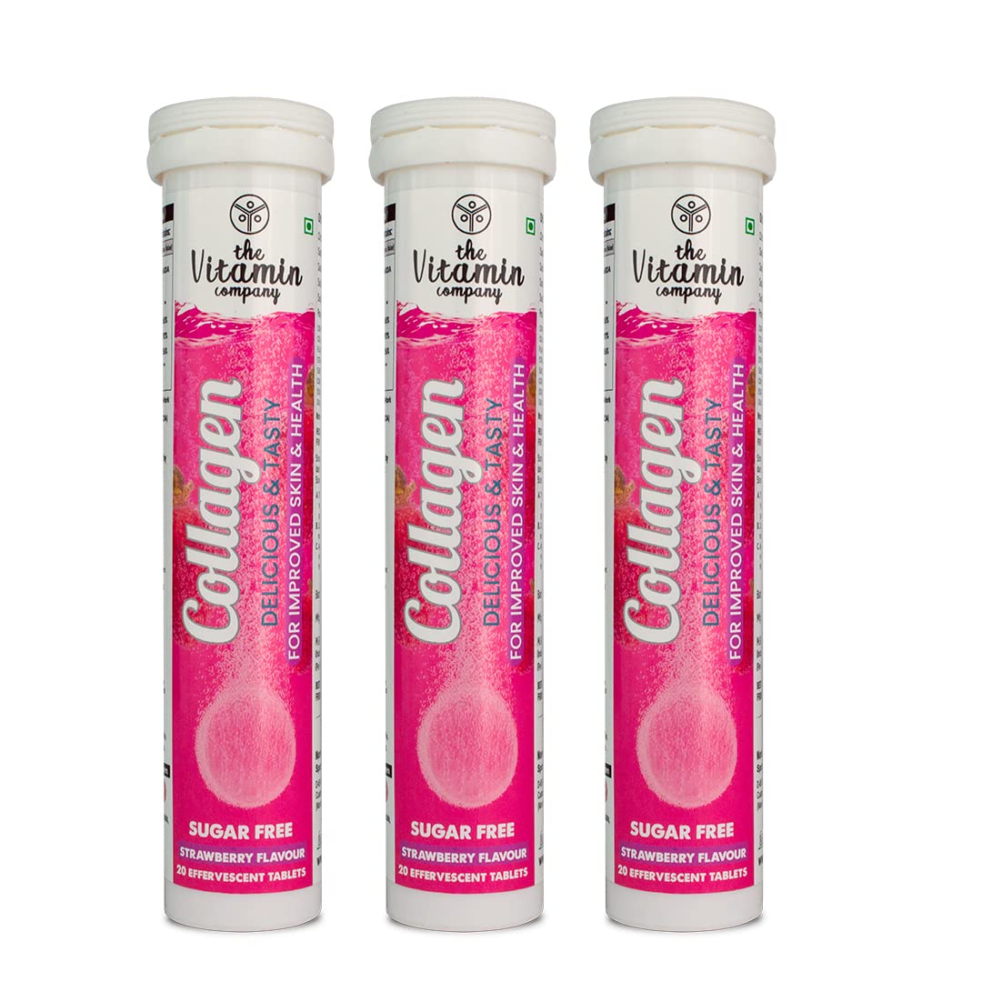Collagen Effervescent Tablets for Skin, Hair, Nails & Joint Health – Strawberry Flavour | 60 Tablets (Pack of 3) | Skin Glow & Anti-Aging Support
