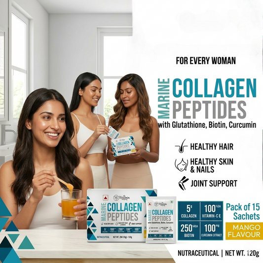 Marine Collagen Supplement Powder with Glutathione, Biotin, Vitamin C & E – 15 Sachets | Mango Flavour | Skin Glow, Hair & Nail Support