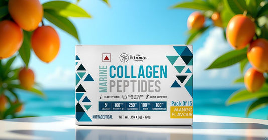 Marine Collagen Supplement Powder with Glutathione, Biotin, Vitamin C & E – 15 Sachets | Mango Flavour | Collagen Peptides for Skin, Hair, Nails, Bone & Joint Support | For Women & Men | Clinically Proven Formula
