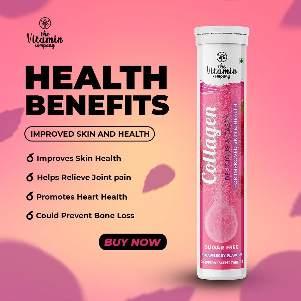 Collagen Effervescent Tablets for Skin, Hair, Nails & Joint Health – Strawberry Flavour | 60 Tablets (Pack of 3) | Skin Glow & Anti-Aging Support
