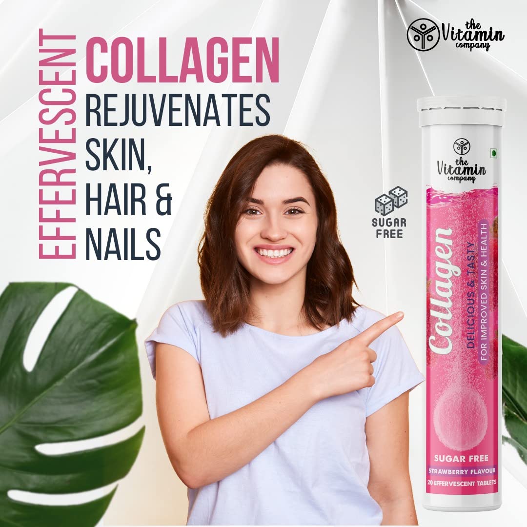 Collagen Effervescent Tablets for Skin, Hair, Nails & Joint Health – Strawberry Flavour | 60 Tablets (Pack of 3) | Skin Glow & Anti-Aging Support