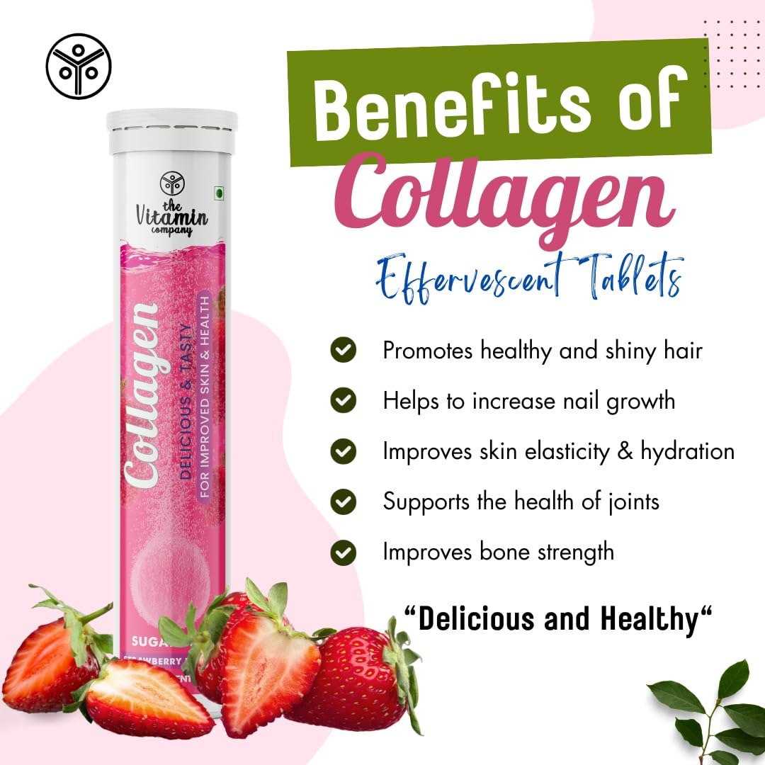 Collagen Effervescent Tablets for Skin, Hair, Nails & Joint Health – Strawberry Flavour | 60 Tablets (Pack of 3) | Skin Glow & Anti-Aging Support