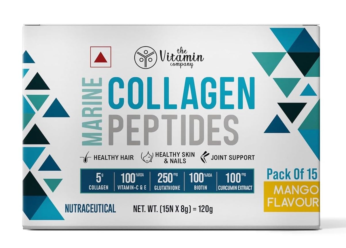 Marine Collagen Supplement Powder with Glutathione, Biotin, Vitamin C & E – 15 Sachets | Mango Flavour | Skin Glow, Hair & Nail Support