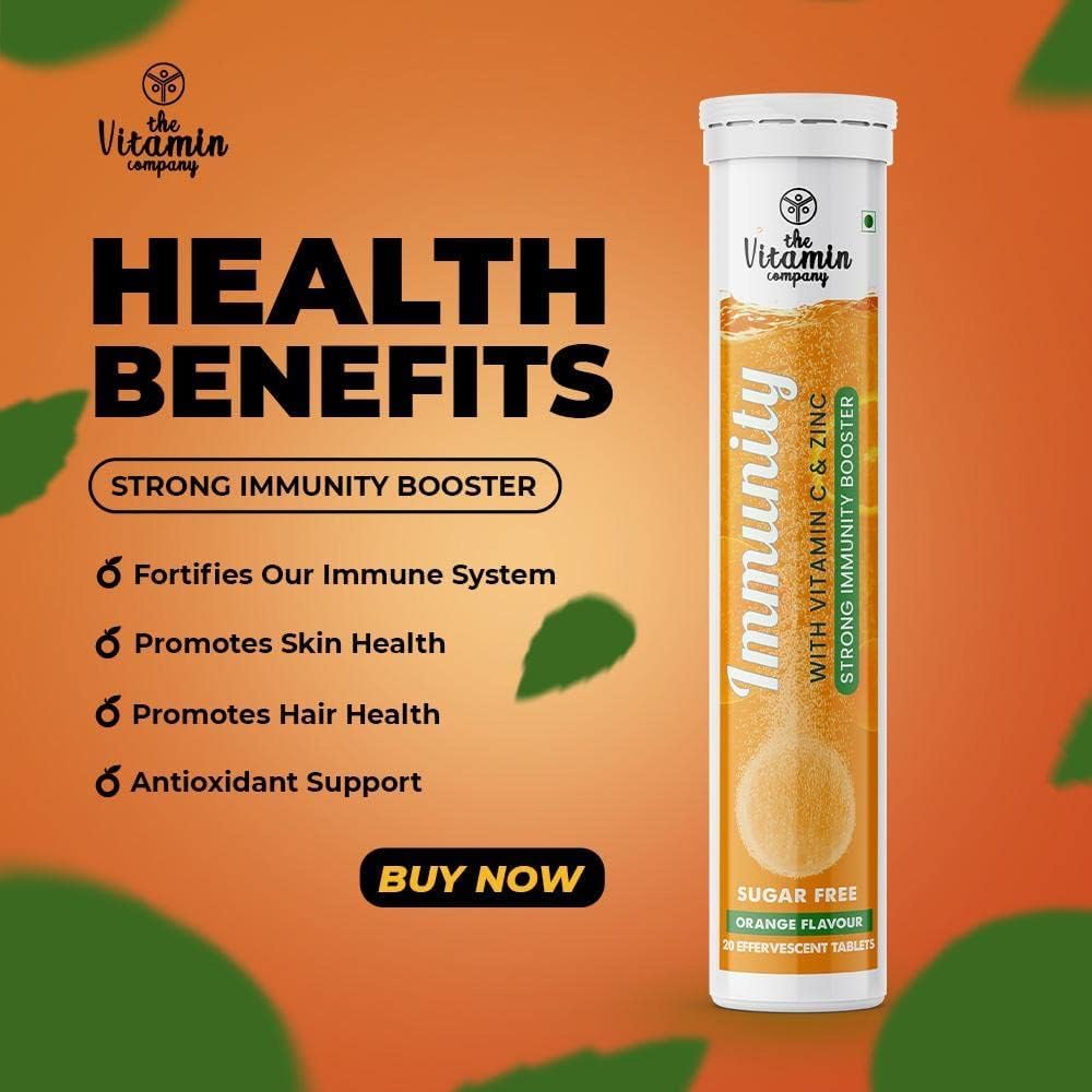 Vitamin C 1000mg + Zinc Effervescent Tablets – Immunity Booster, Antioxidant for Skin Health, Orange Flavour (60 Tablets Pack)