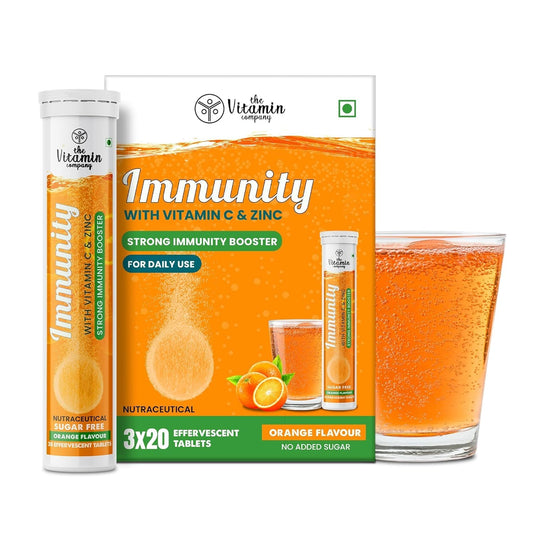 Vitamin C 1000mg + Zinc Effervescent Tablets – Immunity Booster, Antioxidant for Skin Health, Orange Flavour (60 Tablets Pack)