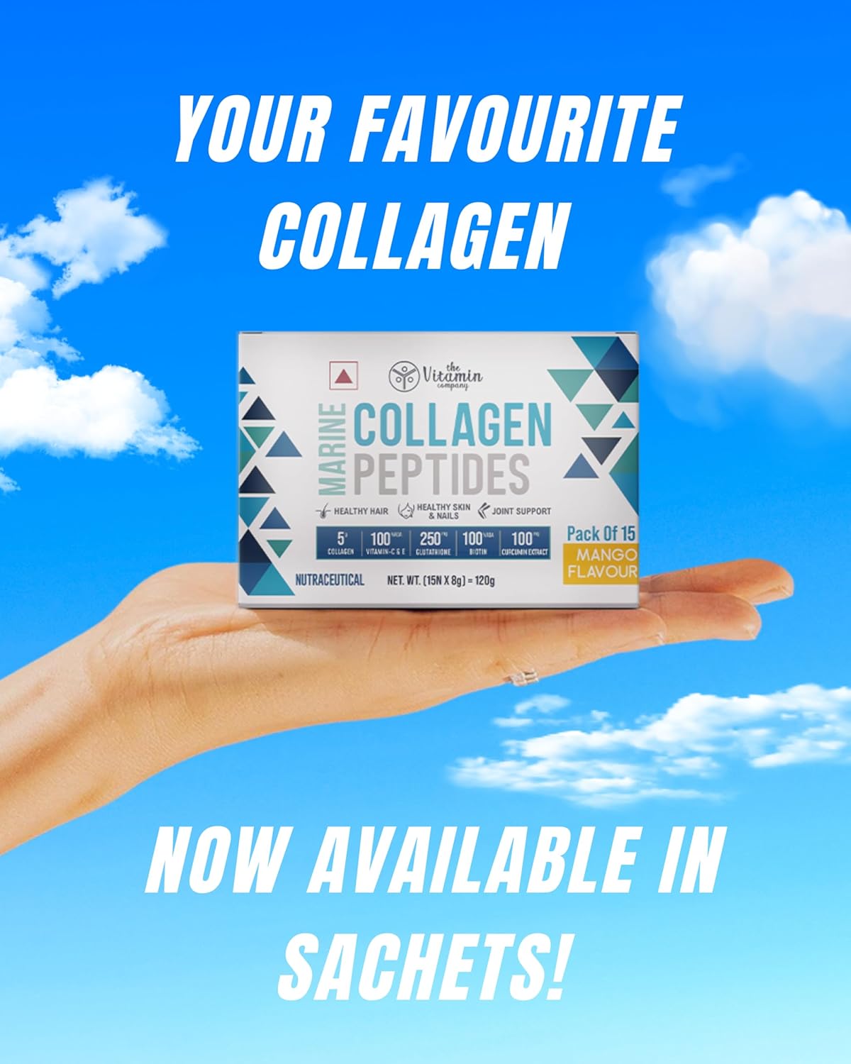 Marine Collagen Supplement Powder with Glutathione, Biotin, Vitamin C & E – 15 Sachets | Mango Flavour | Skin Glow, Hair & Nail Support