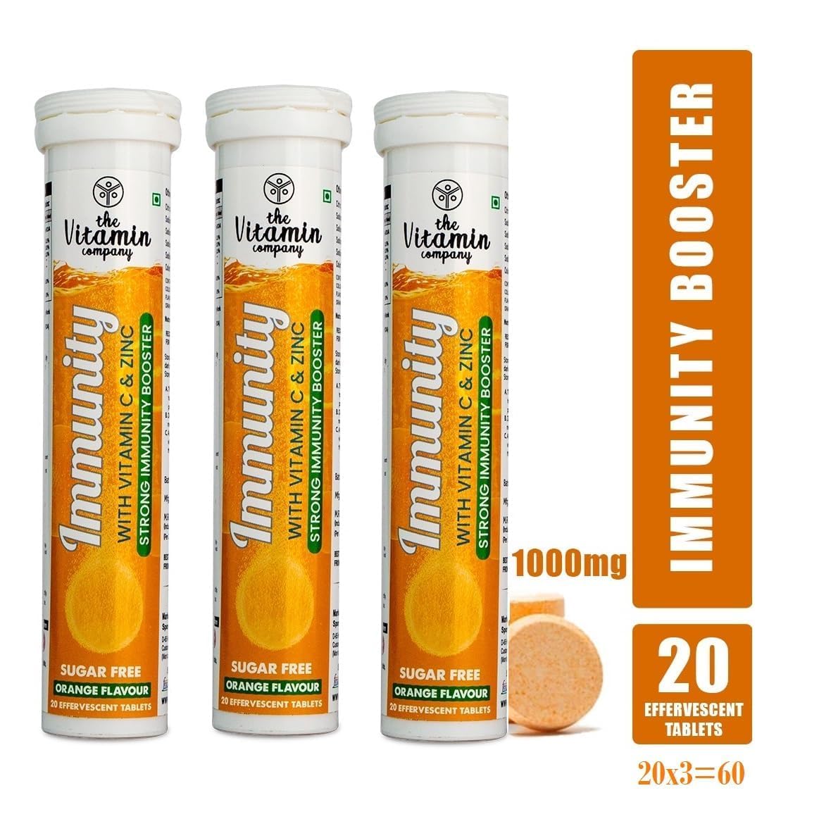 Vitamin C 1000mg + Zinc Effervescent Tablets – Immunity Booster, Antioxidant for Skin Health, Orange Flavour (60 Tablets Pack)