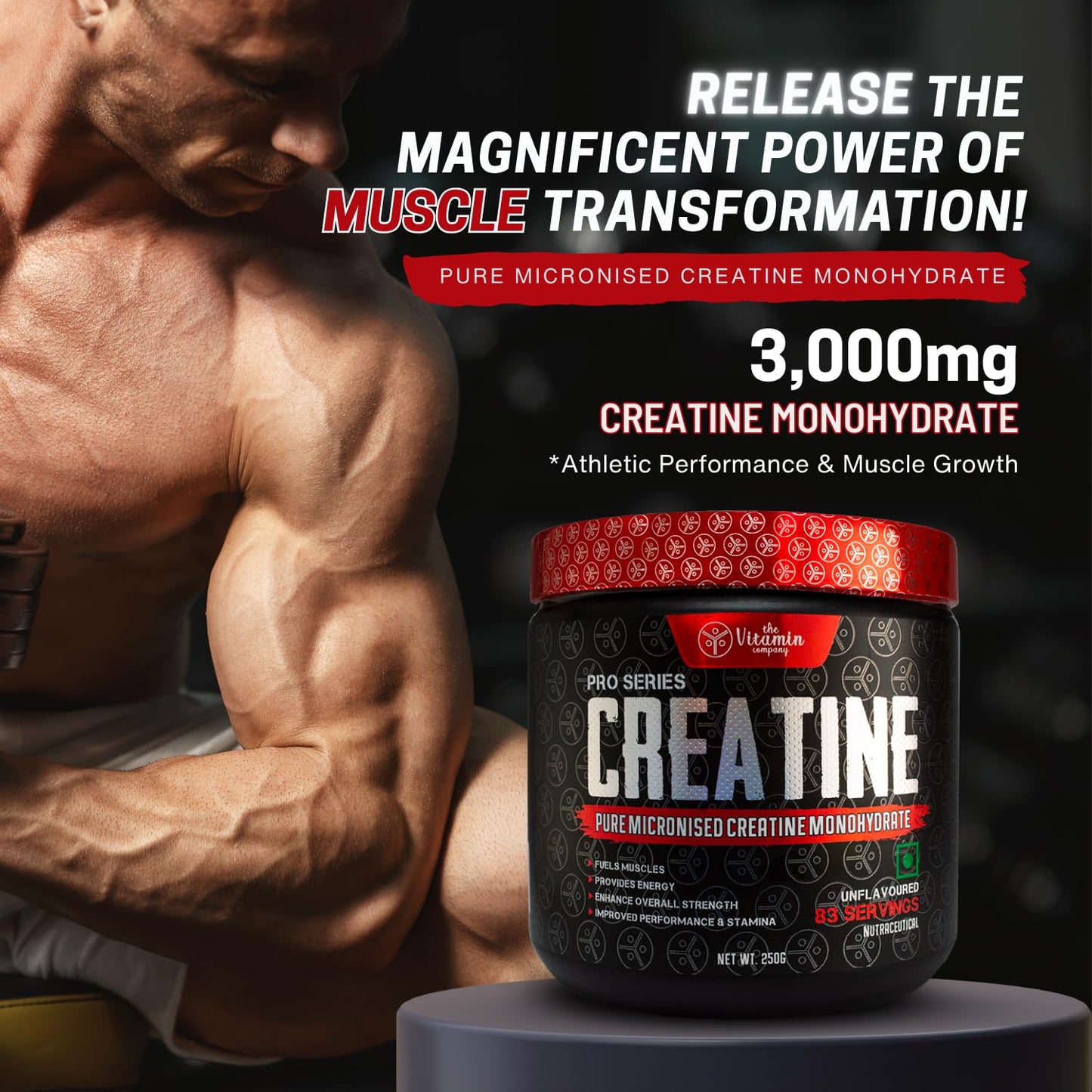 The Vitamin Company Pure Micronized Creatine Powder Creatine Monohydrate 250 gm, 83 Servings, Boosts Athletic Performance | Muscle Repair & Recovery | Fuels Muscles | Provides Energy Support for Heavy Workout | Unflavoured