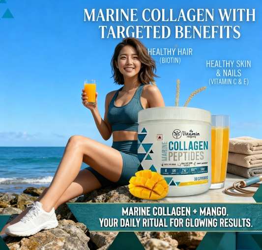 Hydrolyzed Marine Collagen Peptides Powder 240g – Mango Flavour | Skin Glow, Hair Growth, Nail Strength & Joint Support Supplement