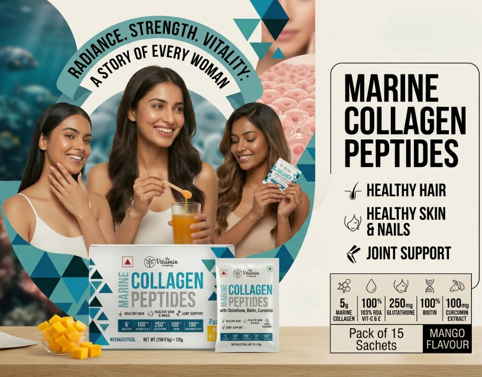 Marine Collagen Supplement Powder with Glutathione, Biotin, Vitamin C & E – 15 Sachets | Mango Flavour | Skin Glow, Hair & Nail Support