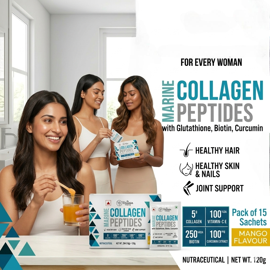 Marine Collagen Supplement Powder with Glutathione, Biotin, Vitamin C & E – 15 Sachets | Mango Flavour | Skin Glow, Hair & Nail Support