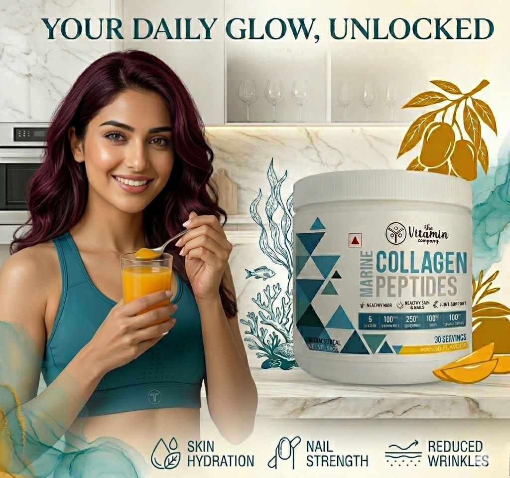 Hydrolyzed Marine Collagen Peptides Powder 240g – Mango Flavour | Skin Glow, Hair Growth, Nail Strength & Joint Support Supplement