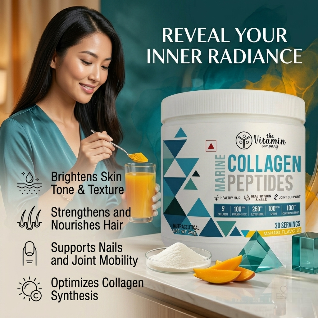 Hydrolyzed Marine Collagen Peptides Powder 240g – Mango Flavour | Skin Glow, Hair Growth, Nail Strength & Joint Support Supplement